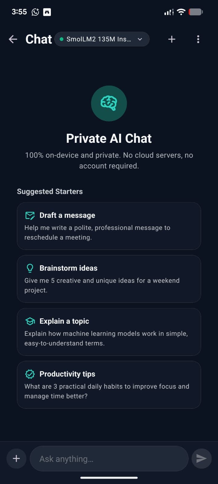 PocketBrain AI chat in dark theme