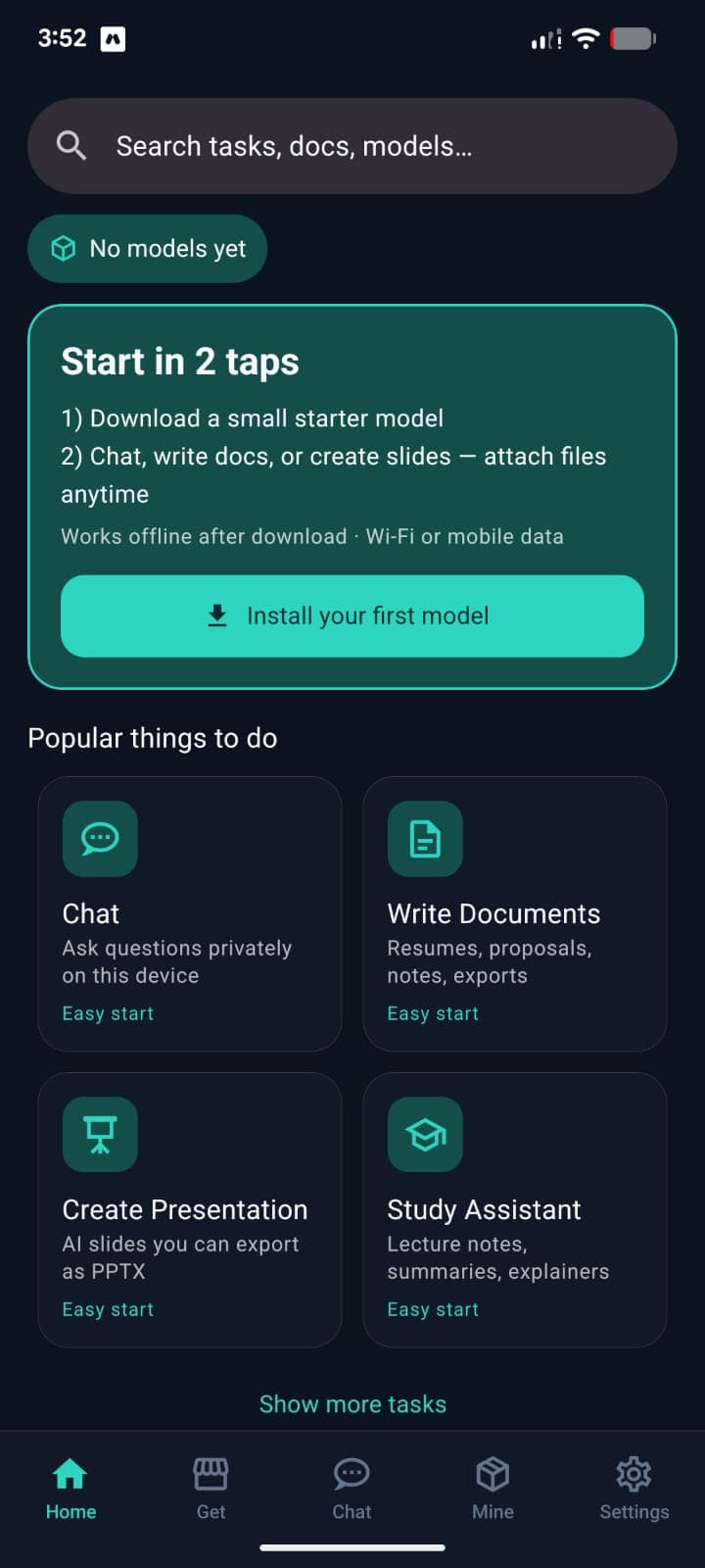 PocketBrain home screen in dark theme