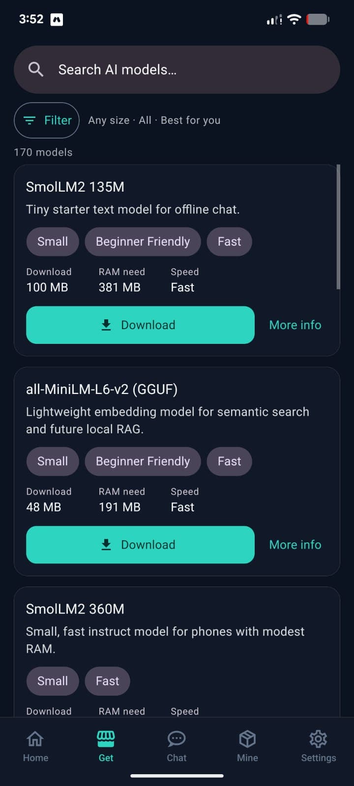 PocketBrain AI model search in dark theme