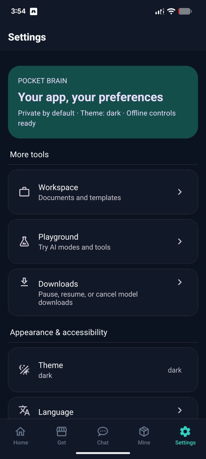 PocketBrain settings in dark theme