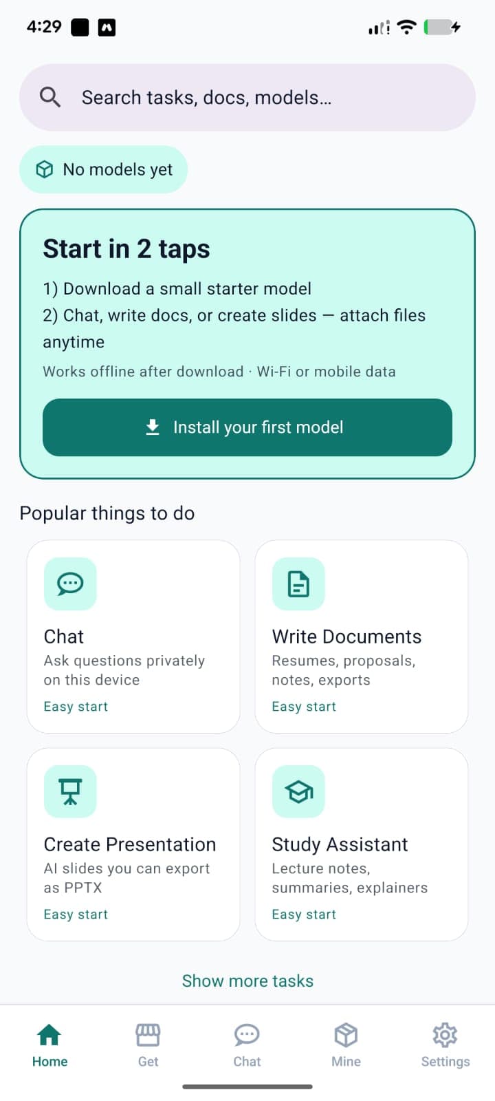 PocketBrain home screen in light theme