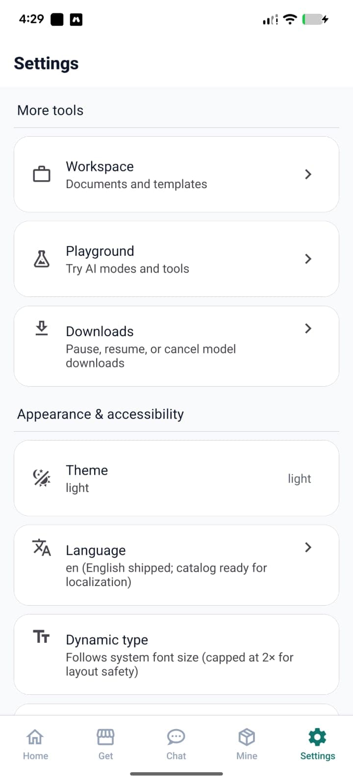 PocketBrain settings in light theme